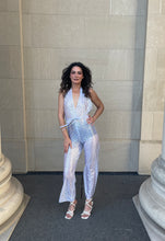 Load image into Gallery viewer, Studio 54 Jumpsuit Silver Metallic and White Sheer Stretch
